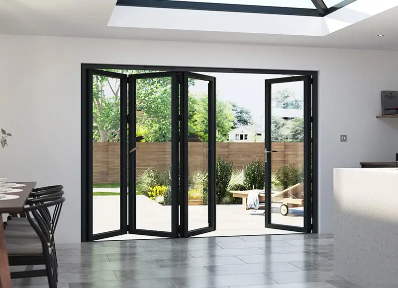 Bifold doors, black frames against white room