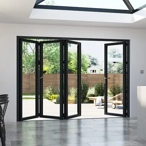 Bifold doors, black frames against white room